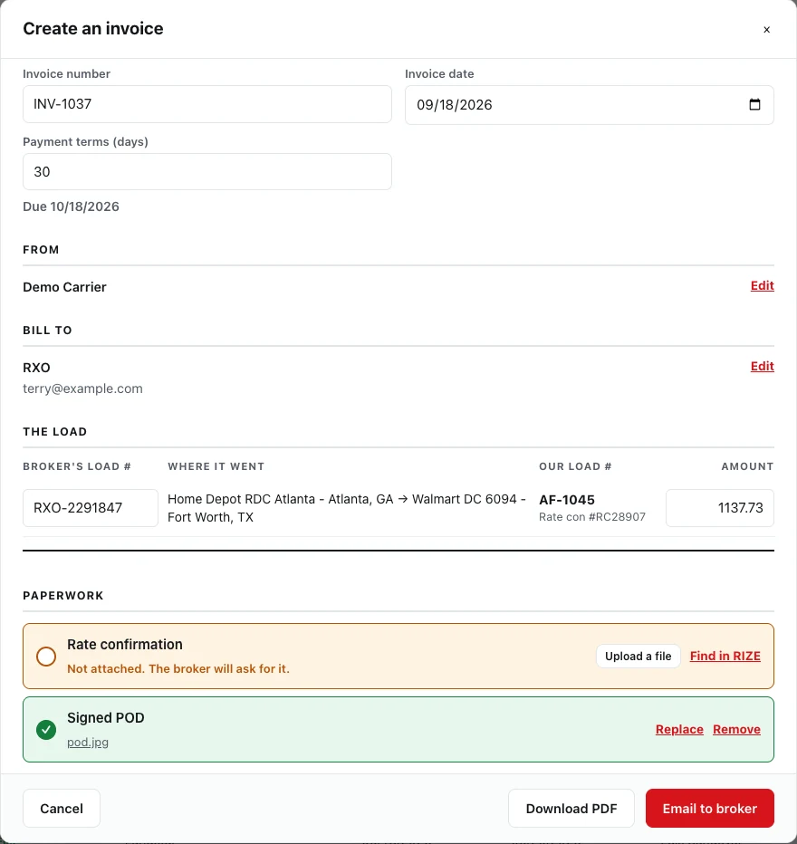 Creating an invoice in RIZE TMS: the broker's load number, the load, and which paperwork is attached