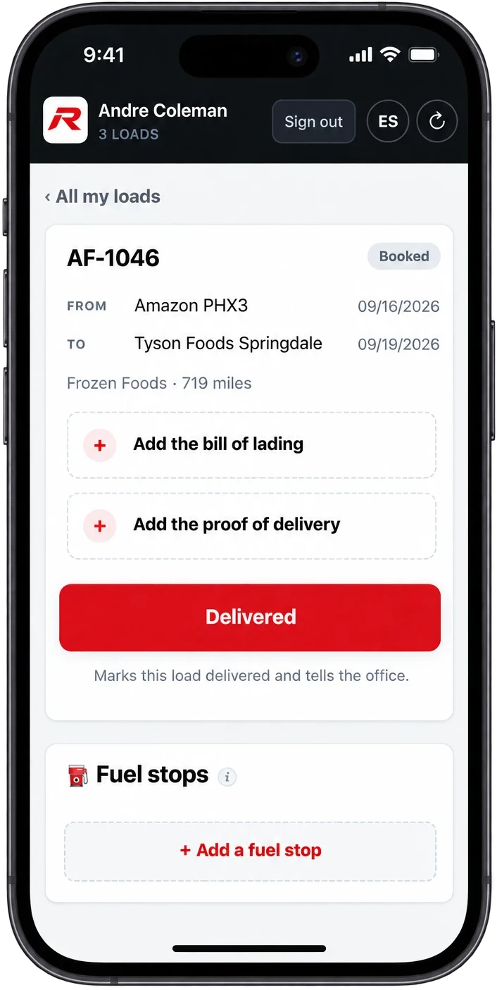 The RIZE TMS driver view on a phone, with buttons for the bill of lading, proof of delivery and Delivered